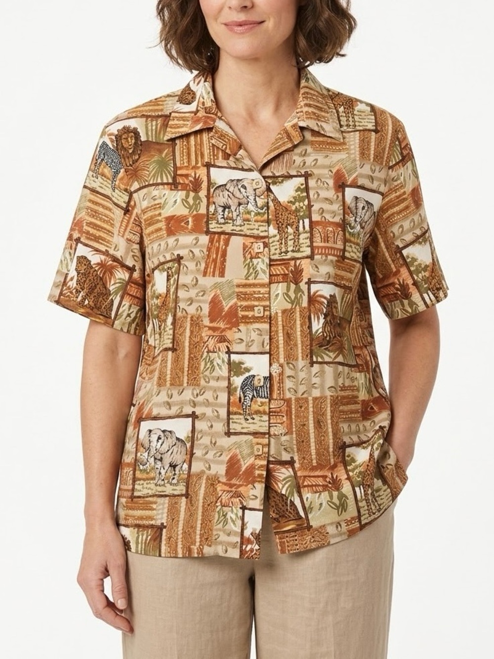 BonWorth Women’s Button Up Shirt L Tan Safari Animal Print